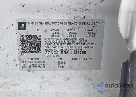 2020 Chevrolet Trax Fwd Lt from USA, damaged, VIN 3GNCJLSB6LL136156